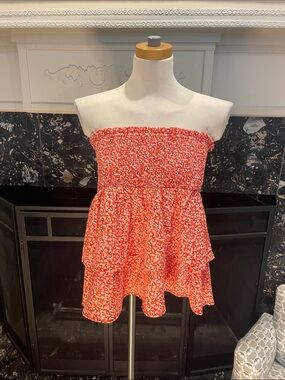 Strapless Red Floral Smocked Top Dress
